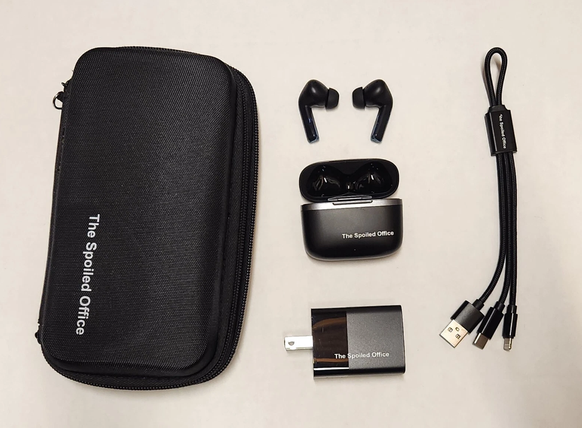 TechPro & The Spoiled Office Wireless earbuds, charger, protective case bundle