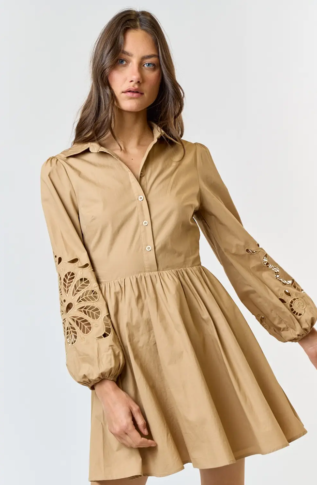 Lalavon Embroidered Floral Button Up Flared Mini Dress