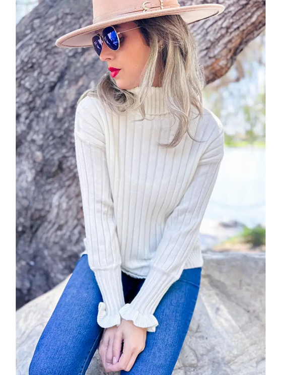 Amoli Cream Ruffle Sleeve Turtleneck Knitted Rib Sweater Top
