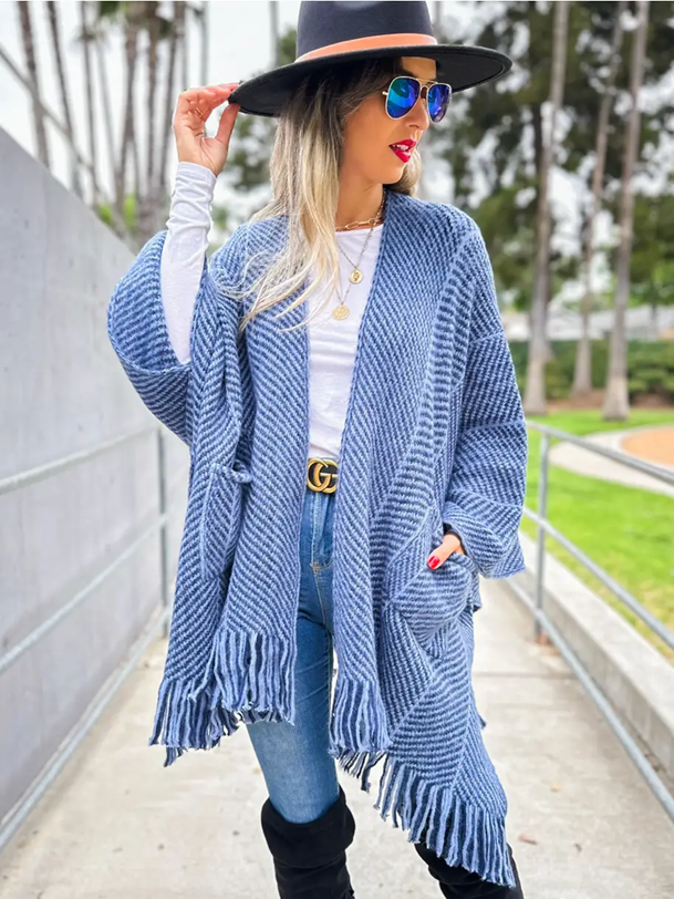 Amoli Blue Chevron Knitted Ruana Cardigan with Tassel and Pocket