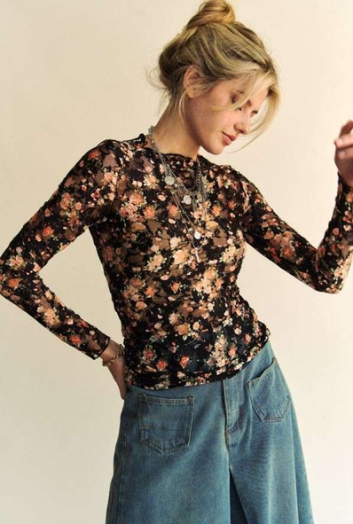 David & Dani Floral Print Mesh Long Sleeve Layering Top