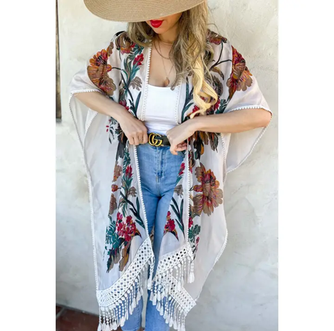 Amoli White Multi Floral Print Lace Detail Tassel Bottom Kimono