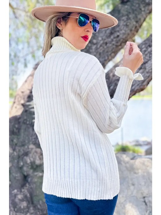 Amoli Cream Ruffle Sleeve Turtleneck Knitted Rib Sweater Top