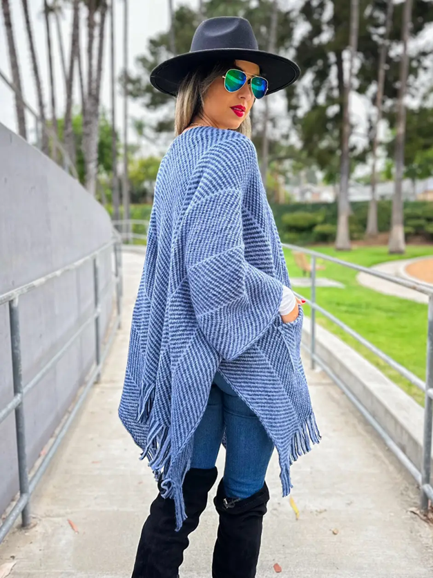 Amoli Blue Chevron Knitted Ruana Cardigan with Tassel and Pocket