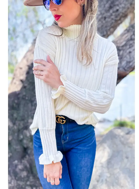 Amoli Cream Ruffle Sleeve Turtleneck Knitted Rib Sweater Top