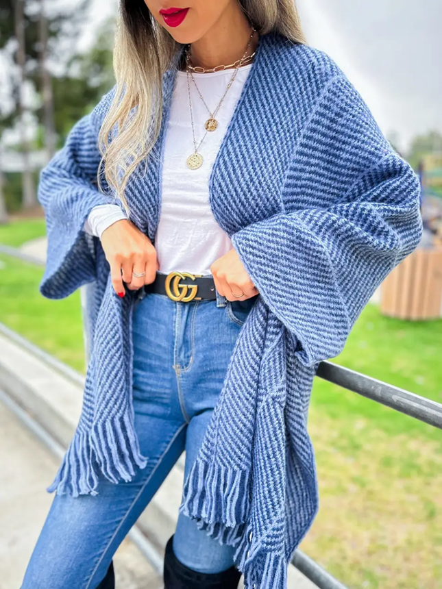 Amoli Blue Chevron Knitted Ruana Cardigan with Tassel and Pocket