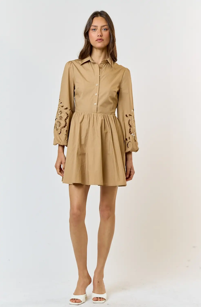 Lalavon Embroidered Floral Button Up Flared Mini Dress