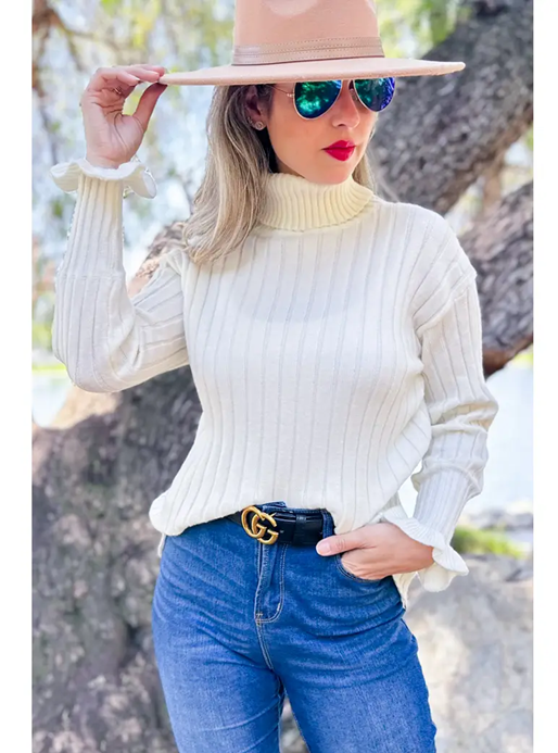 Amoli Cream Ruffle Sleeve Turtleneck Knitted Rib Sweater Top