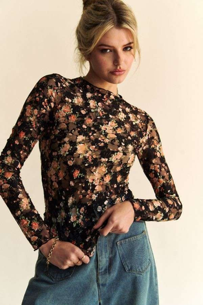David & Dani Floral Print Mesh Long Sleeve Layering Top