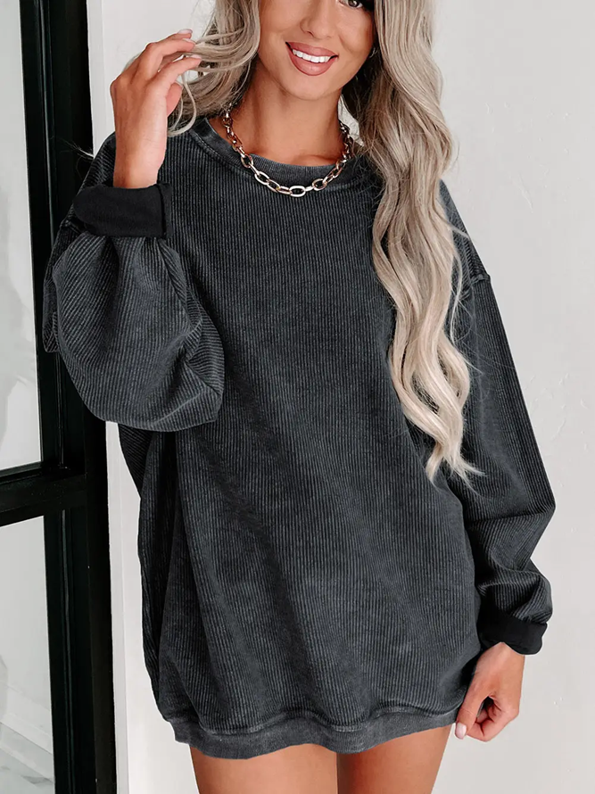 Lovesoft Solid Ribbed Knit Round Neck Pullover Sweatshirt