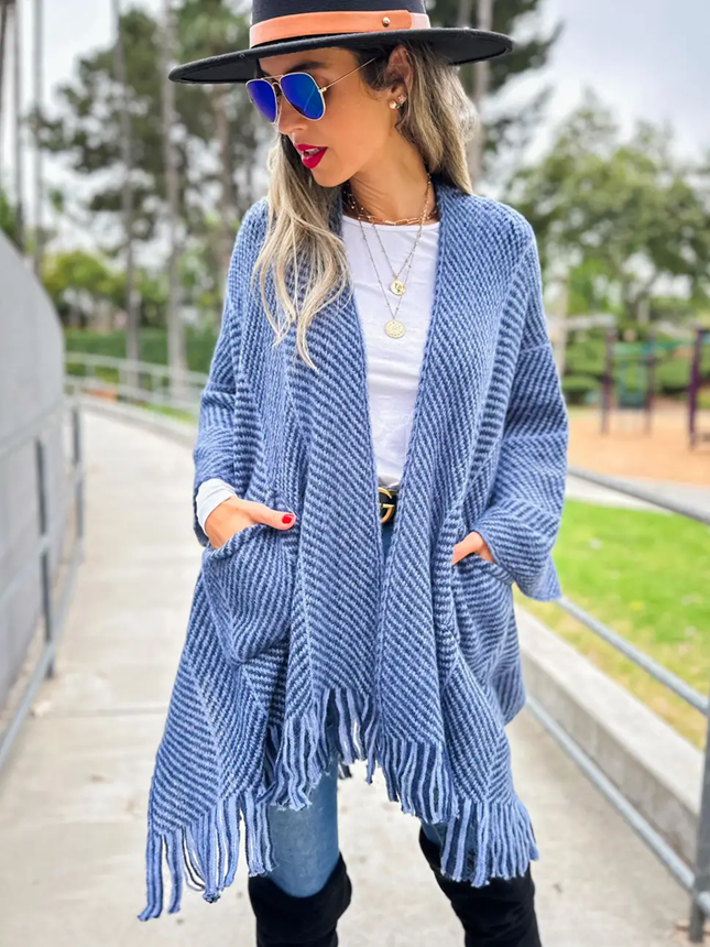 Amoli Blue Chevron Knitted Ruana Cardigan with Tassel and Pocket