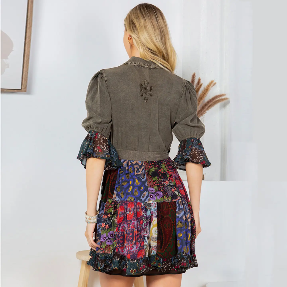 Young Threads Vintage Fusion: Stone-Washed Baby Doll Dress Embroidery