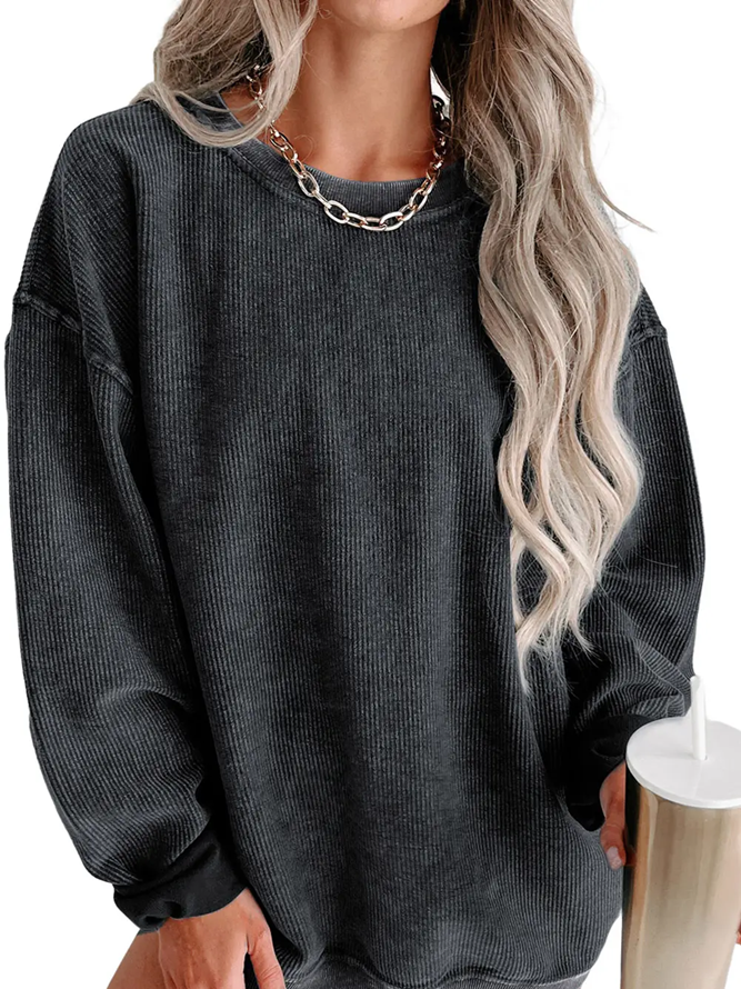 Lovesoft Solid Ribbed Knit Round Neck Pullover Sweatshirt