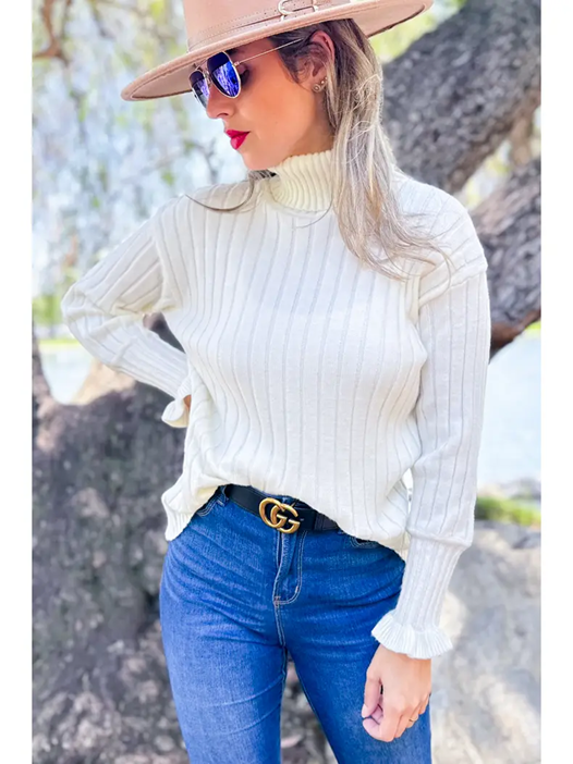 Amoli Cream Ruffle Sleeve Turtleneck Knitted Rib Sweater Top