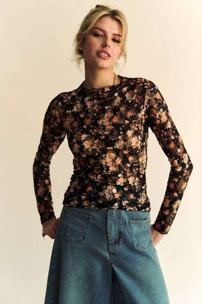 David & Dani Floral Print Mesh Long Sleeve Layering Top
