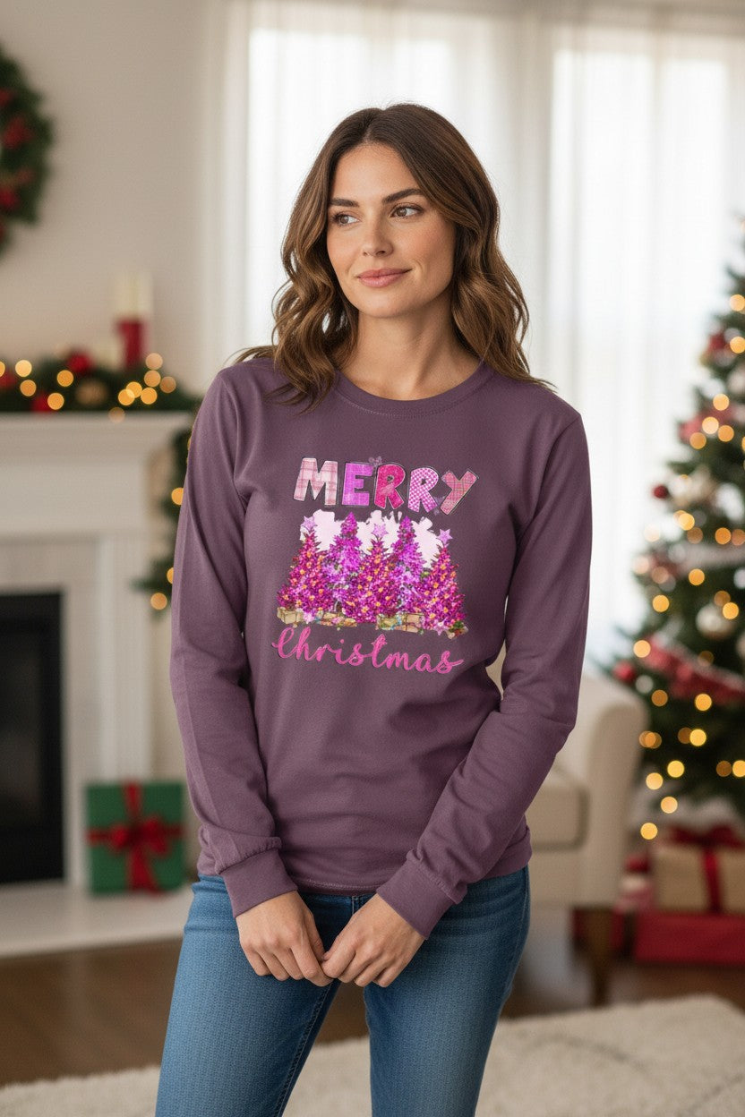 Pink Merry Christmas Comfort Colors Long Sleeve T-Shirt Size Large