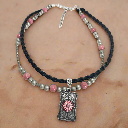 Cowboy Collectibles Fauz Navajo Pearl- cactus flower necklace, authentic horse hair