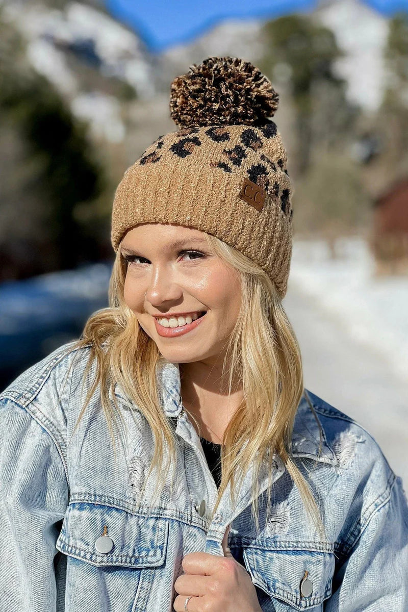 Leopard Knit Pom Beanie
