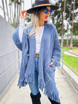 Amoli Blue Chevron Knitted Ruana Cardigan with Tassel and Pocket