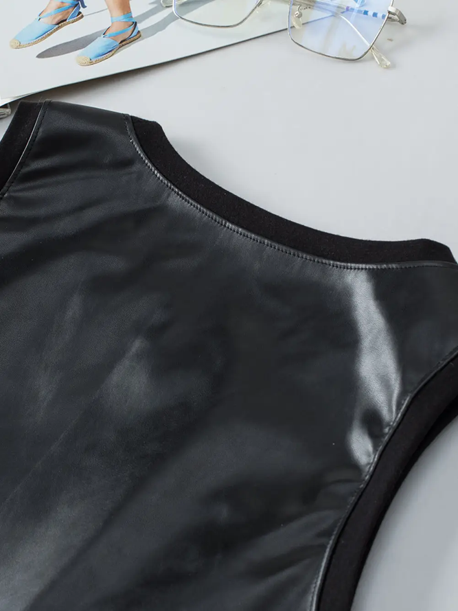 Lovesoft Black Faux Leather Crew Neck Tank Top