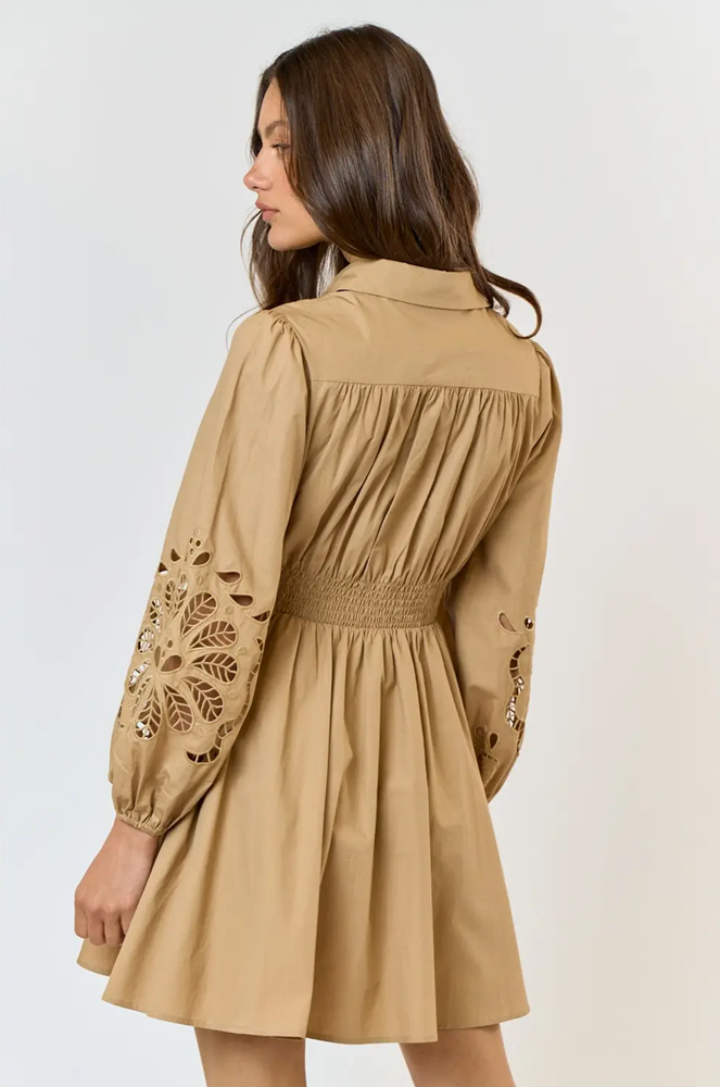 Lalavon Embroidered Floral Button Up Flared Mini Dress