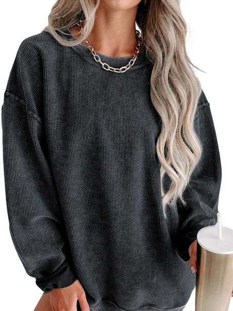 Lovesoft Solid Ribbed Knit Round Neck Pullover Sweatshirt