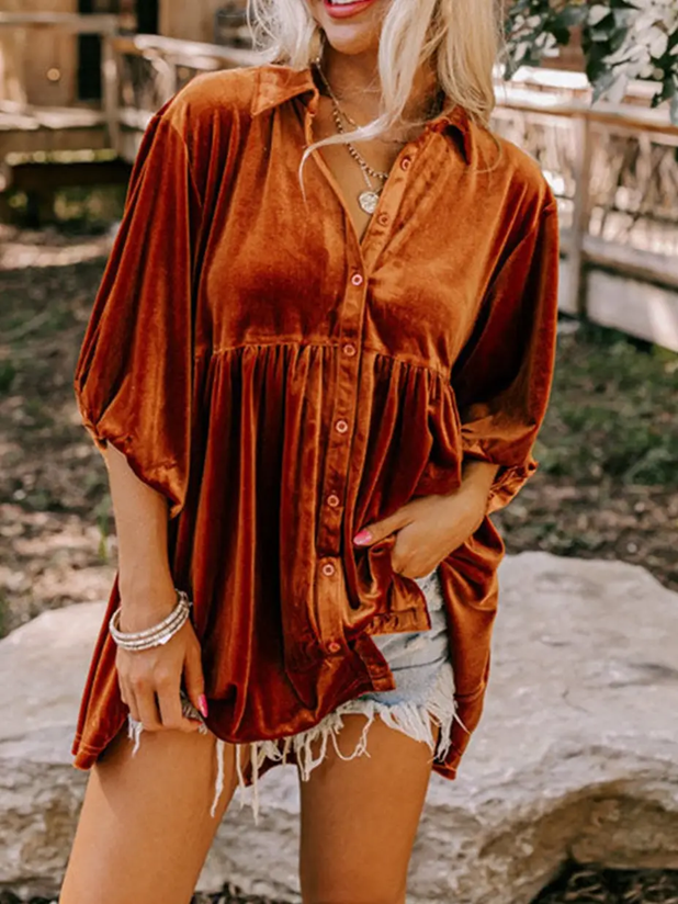 Lala Lou Velvet 3/4 Sleeve Tunic Babydoll Shirt