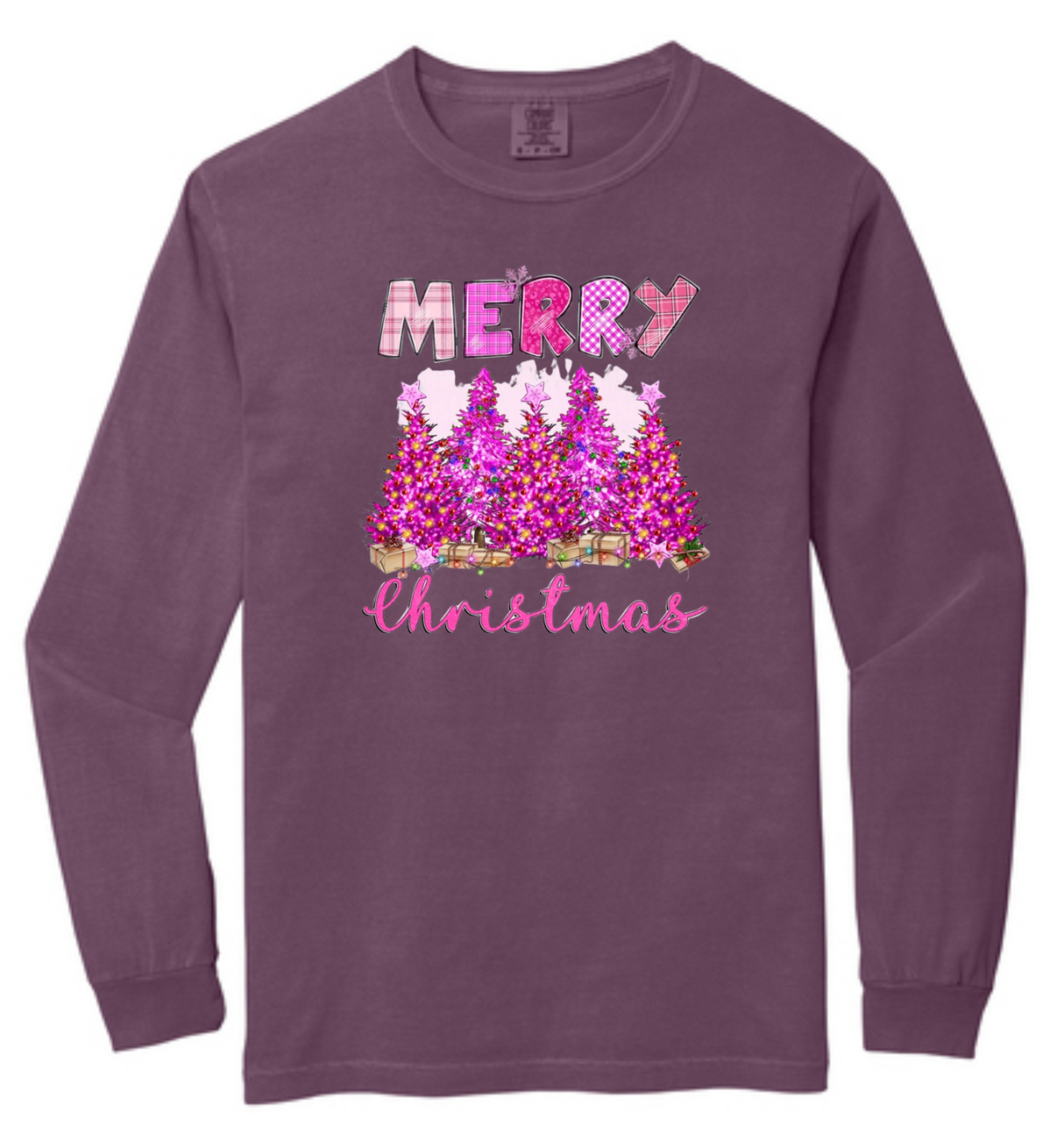 Pink Merry Christmas Comfort Colors Long Sleeve T-Shirt Size Large