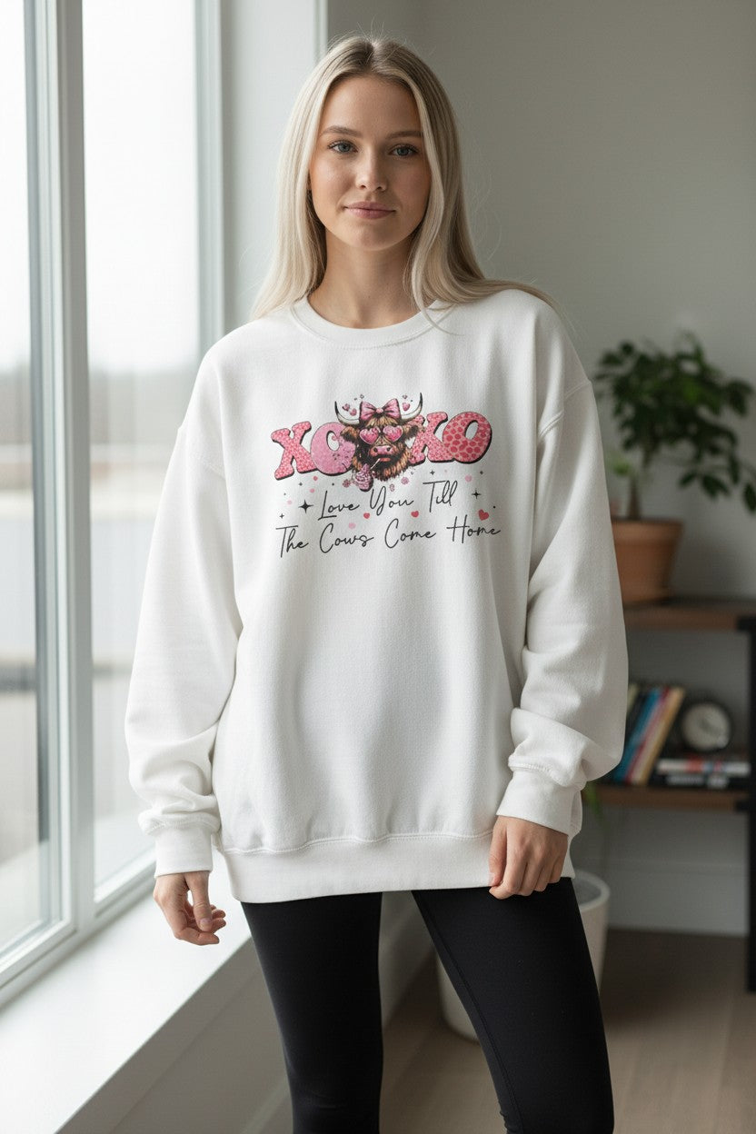 Love You Til The Cows Come Home Crewneck Sweatshirt - Gildan White, Comfortable Fit, Perfect for Casual Wear